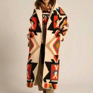 Long Hooded Aztec Pattern Wool Blend Coat in Cream & Multicolor
